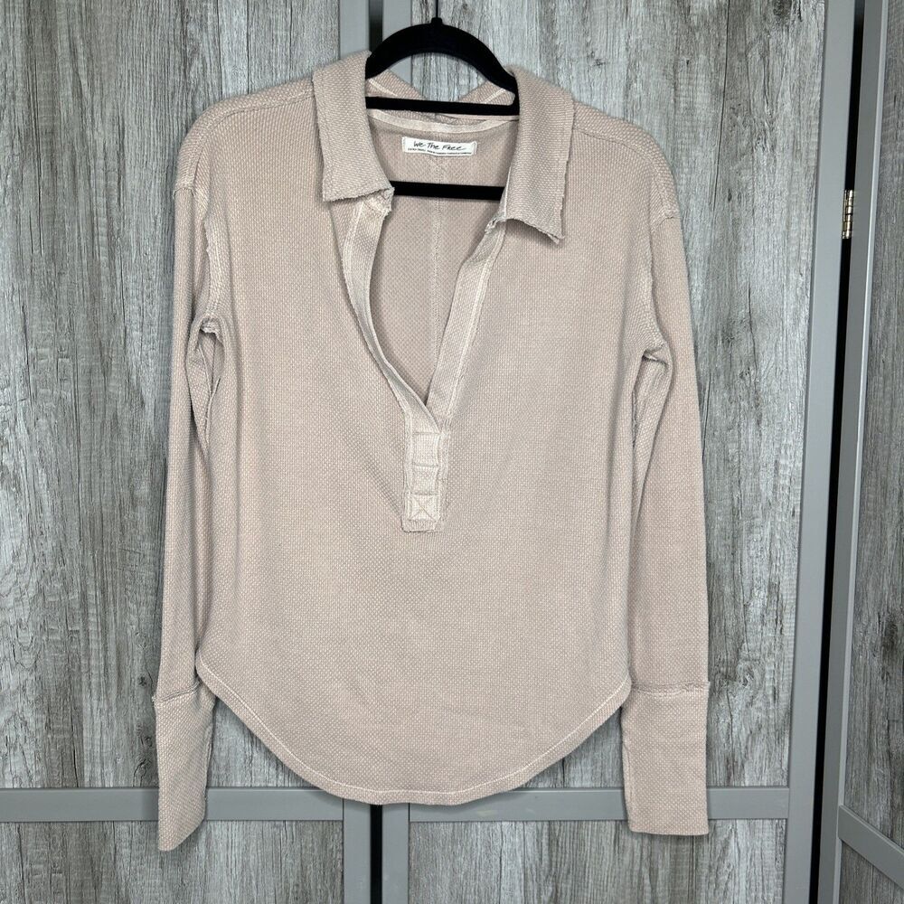 We The Free Top XS Thermal Waffle Deep V Neckline Collared Polo Thumbholes